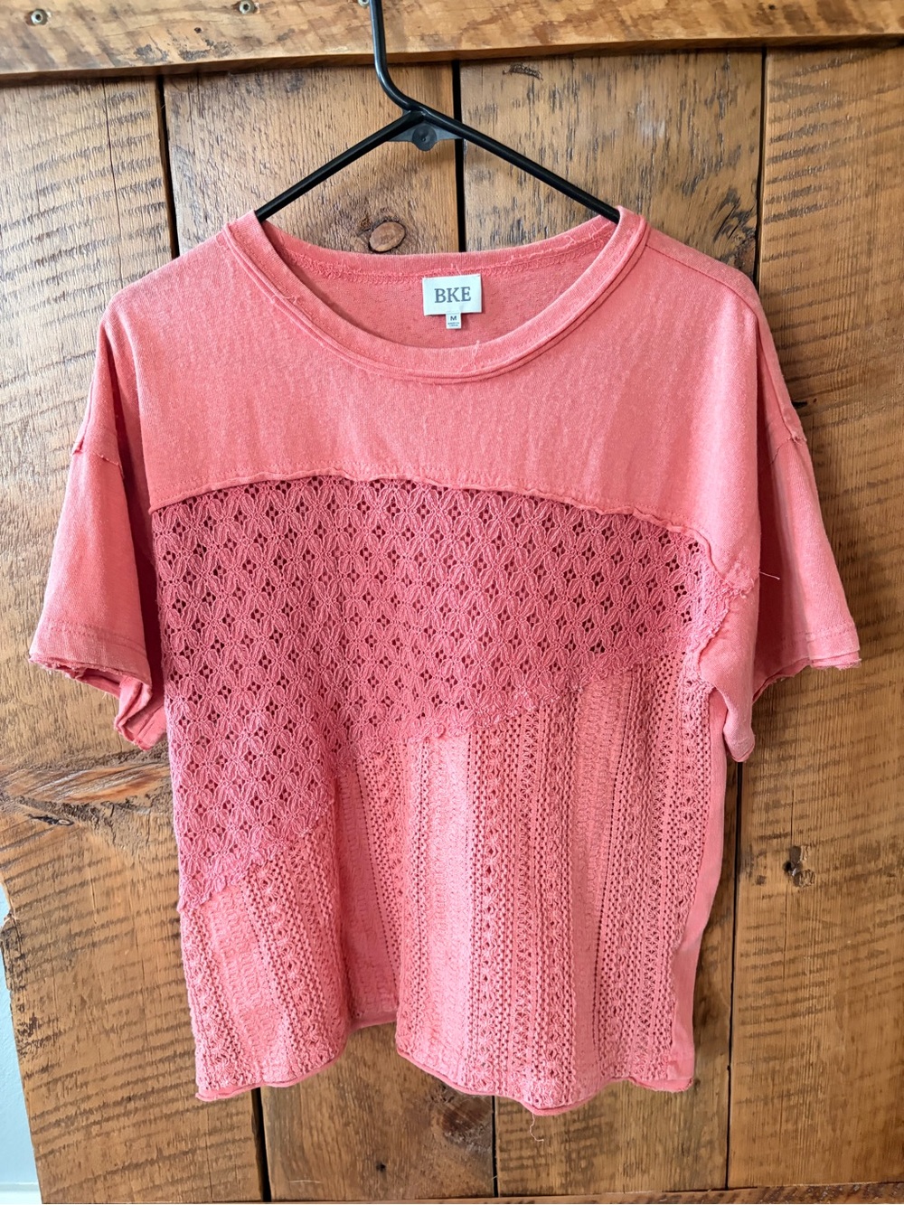BKE Coral Pink Crochet Panel Short Sleeve Top